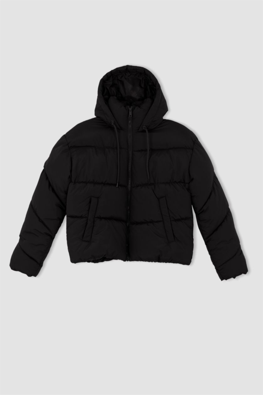 Kadın Siyah Su Geçirmez Kapitoneli Cepli Fermuarlı Kapüşonlu Şişme Mont	