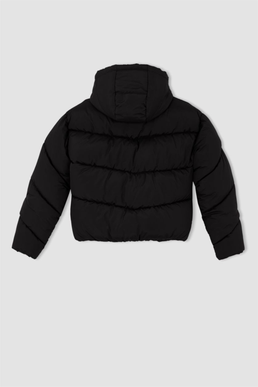 Kadın Siyah Su Geçirmez Kapitoneli Cepli Fermuarlı Kapüşonlu Şişme Mont	