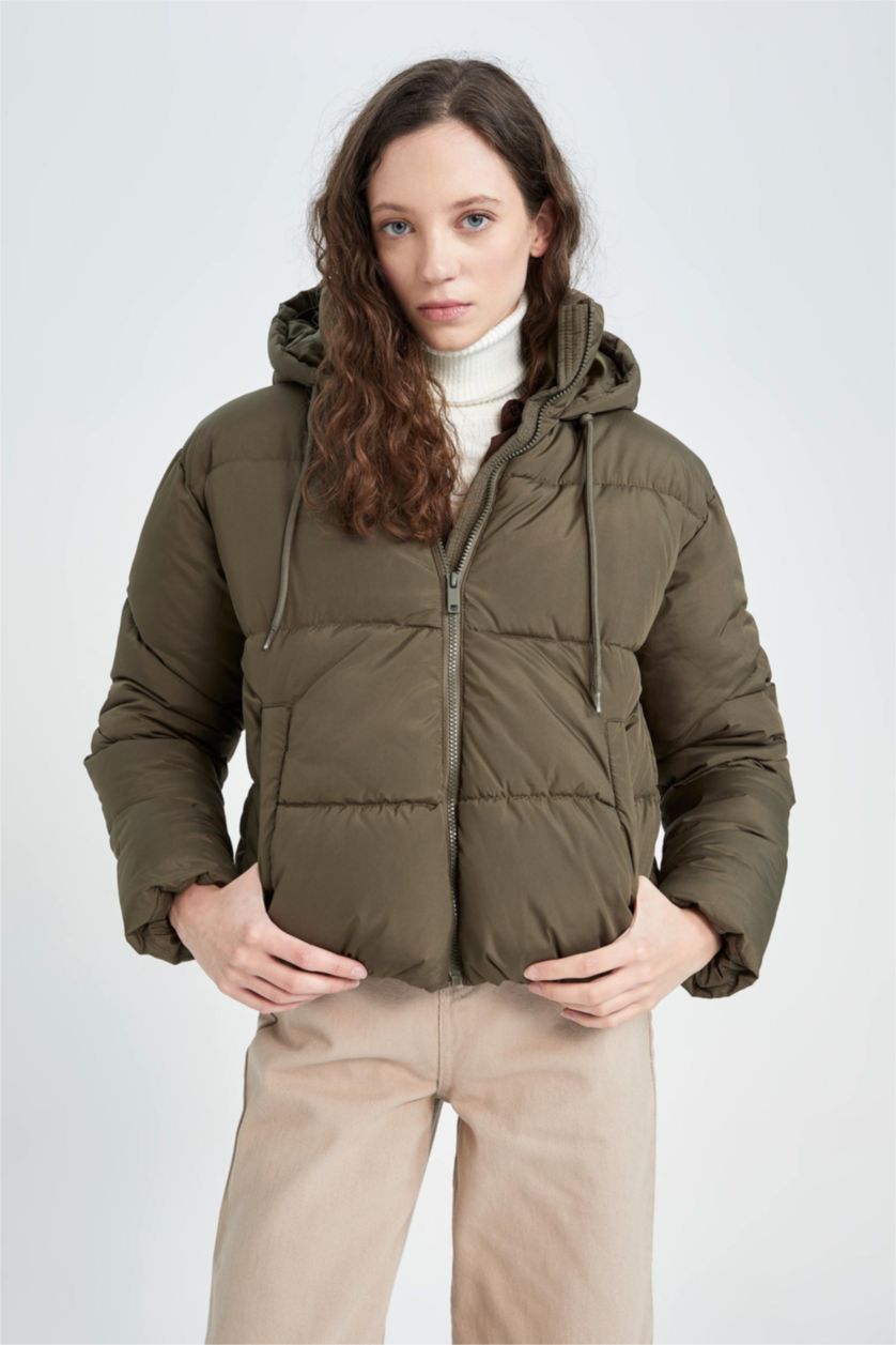 نساء كاكي جاكيت دودون قصة عادية بغطاء للرأس