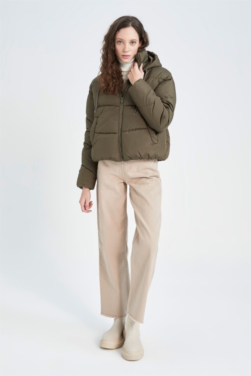 نساء كاكي جاكيت دودون قصة عادية بغطاء للرأس