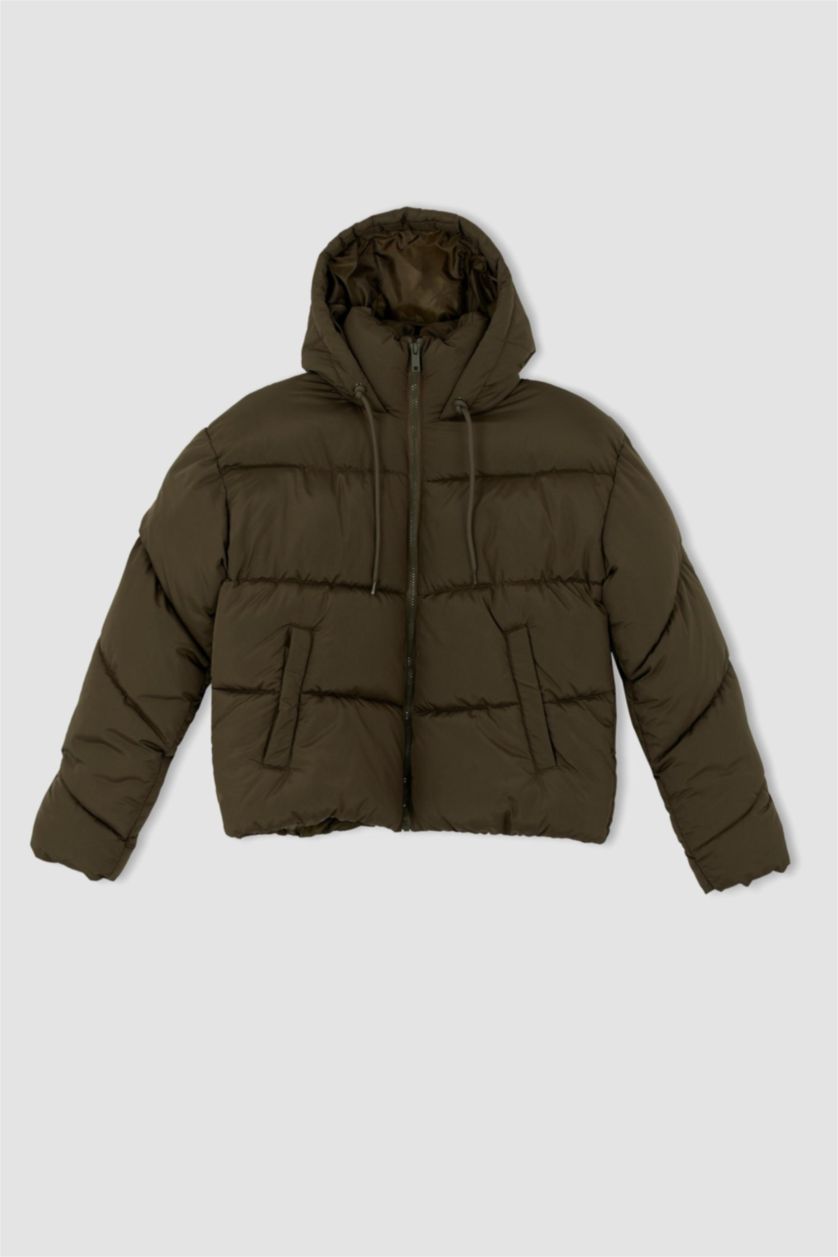 نساء كاكي جاكيت دودون قصة عادية بغطاء للرأس