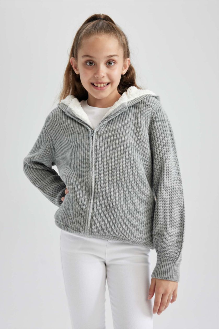GIRLS & TEENS Light Grey Melange Regular Fit Hooded Cardigan