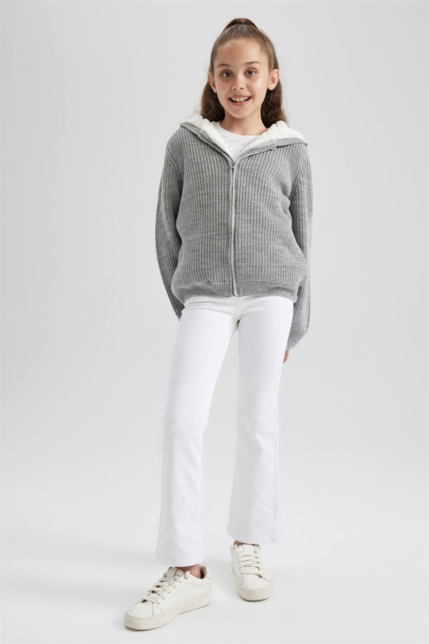 GIRLS & TEENS Light Grey Melange Regular Fit Hooded Cardigan