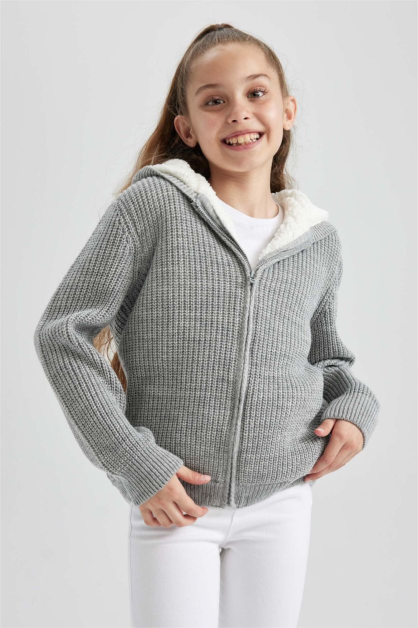GIRLS & TEENS Light Grey Melange Regular Fit Hooded Cardigan