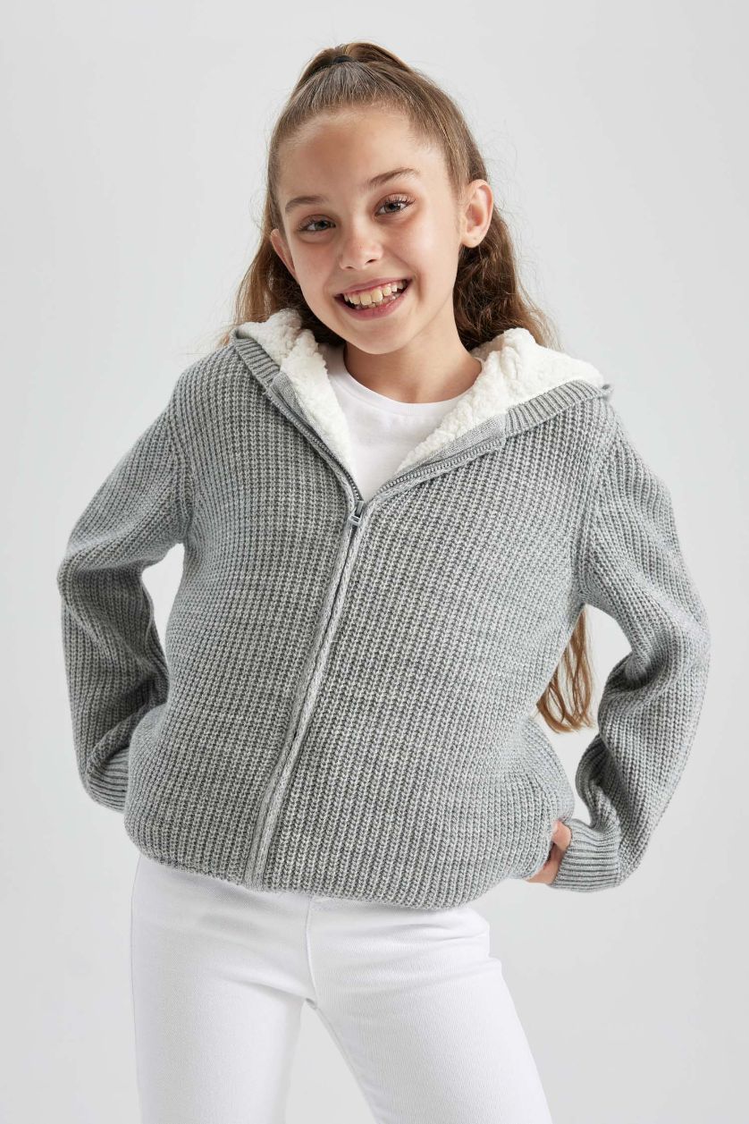 GIRLS & TEENS Light Grey Melange Regular Fit Hooded Cardigan