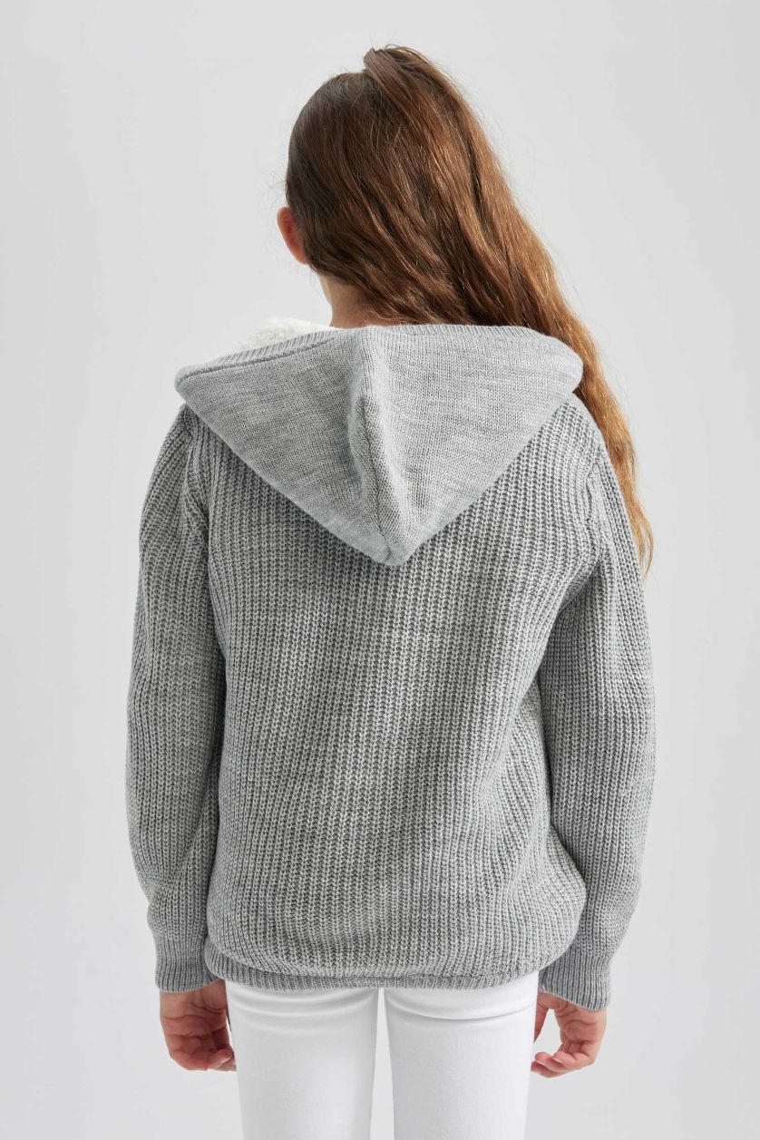 GIRLS & TEENS Light Grey Melange Regular Fit Hooded Cardigan