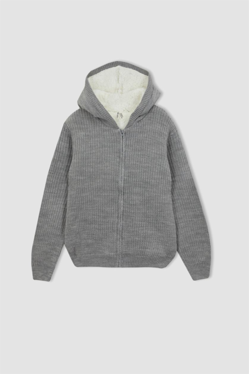 GIRLS & TEENS Light Grey Melange Regular Fit Hooded Cardigan
