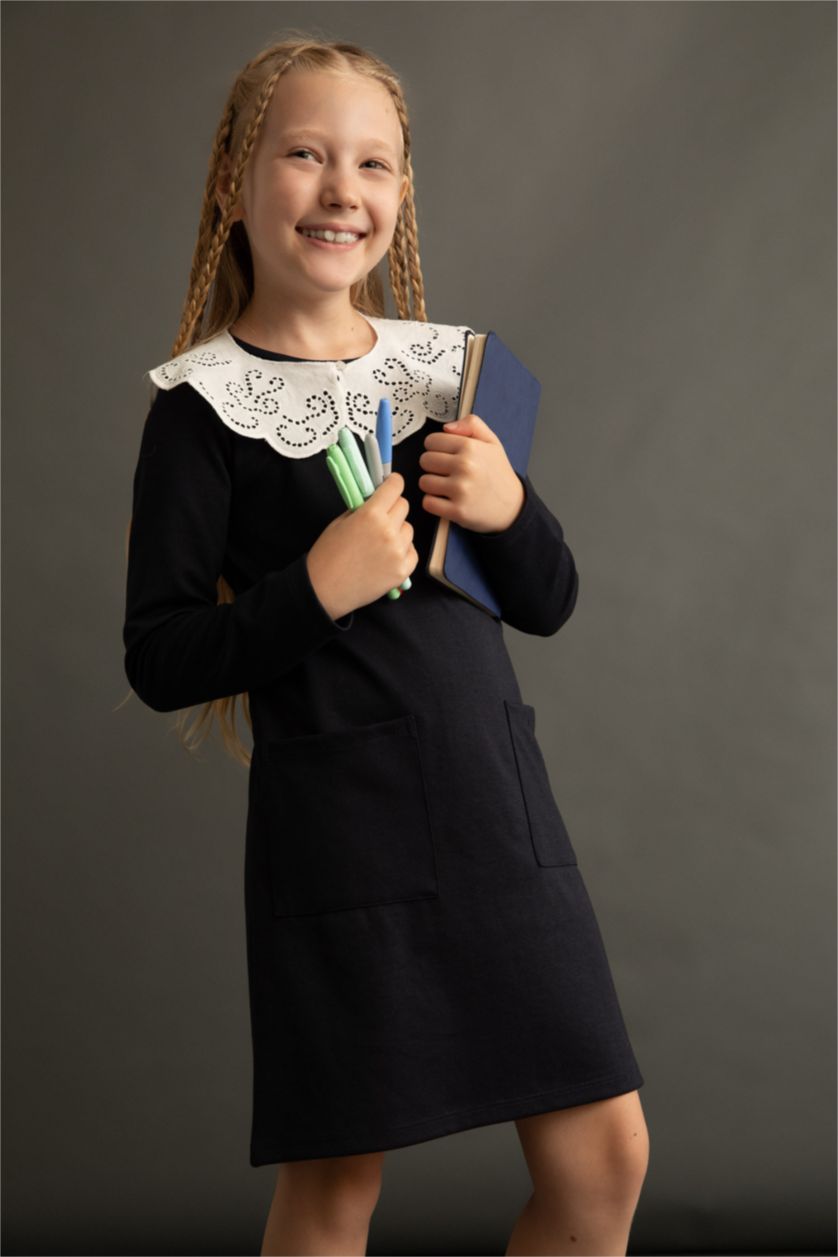 GIRLS & TEENS NAVY Girl's Back To School Wide Lace Collar Long Sleeve Dress