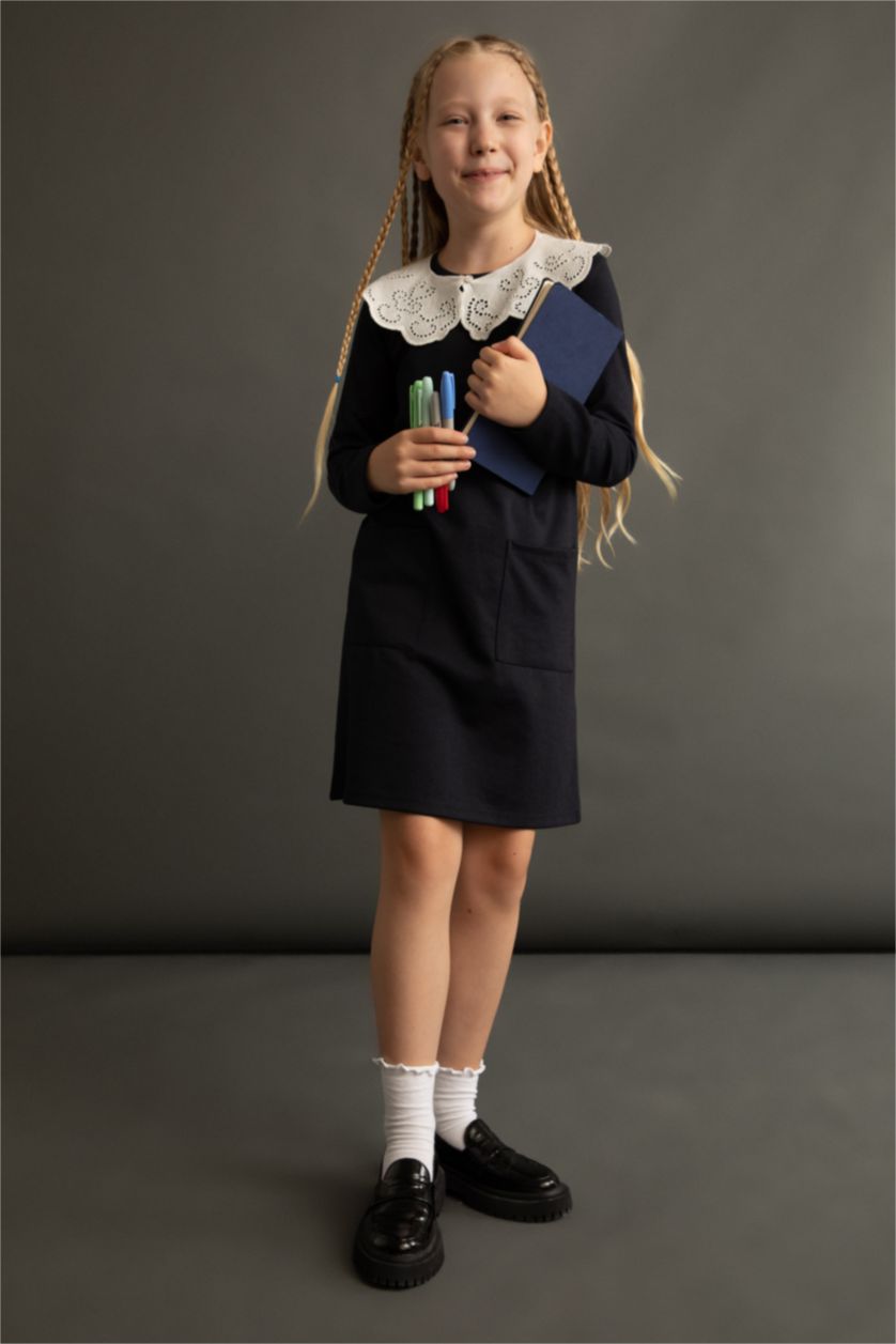 GIRLS & TEENS NAVY Girl's Back To School Wide Lace Collar Long Sleeve Dress