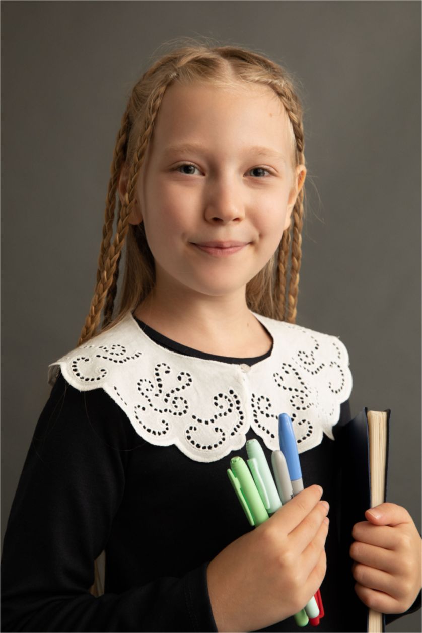 GIRLS & TEENS NAVY Girl's Back To School Wide Lace Collar Long Sleeve Dress