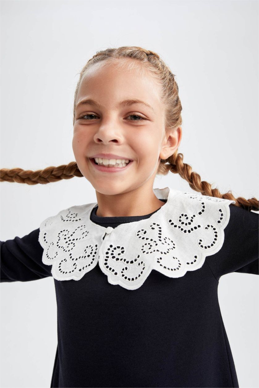 GIRLS & TEENS NAVY Girl's Back To School Wide Lace Collar Long Sleeve Dress