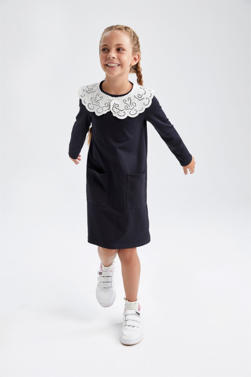 GIRLS & TEENS NAVY Girl's Back To School Wide Lace Collar Long Sleeve Dress