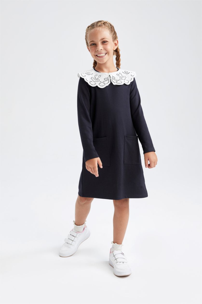 GIRLS & TEENS NAVY Girl's Back To School Wide Lace Collar Long Sleeve Dress