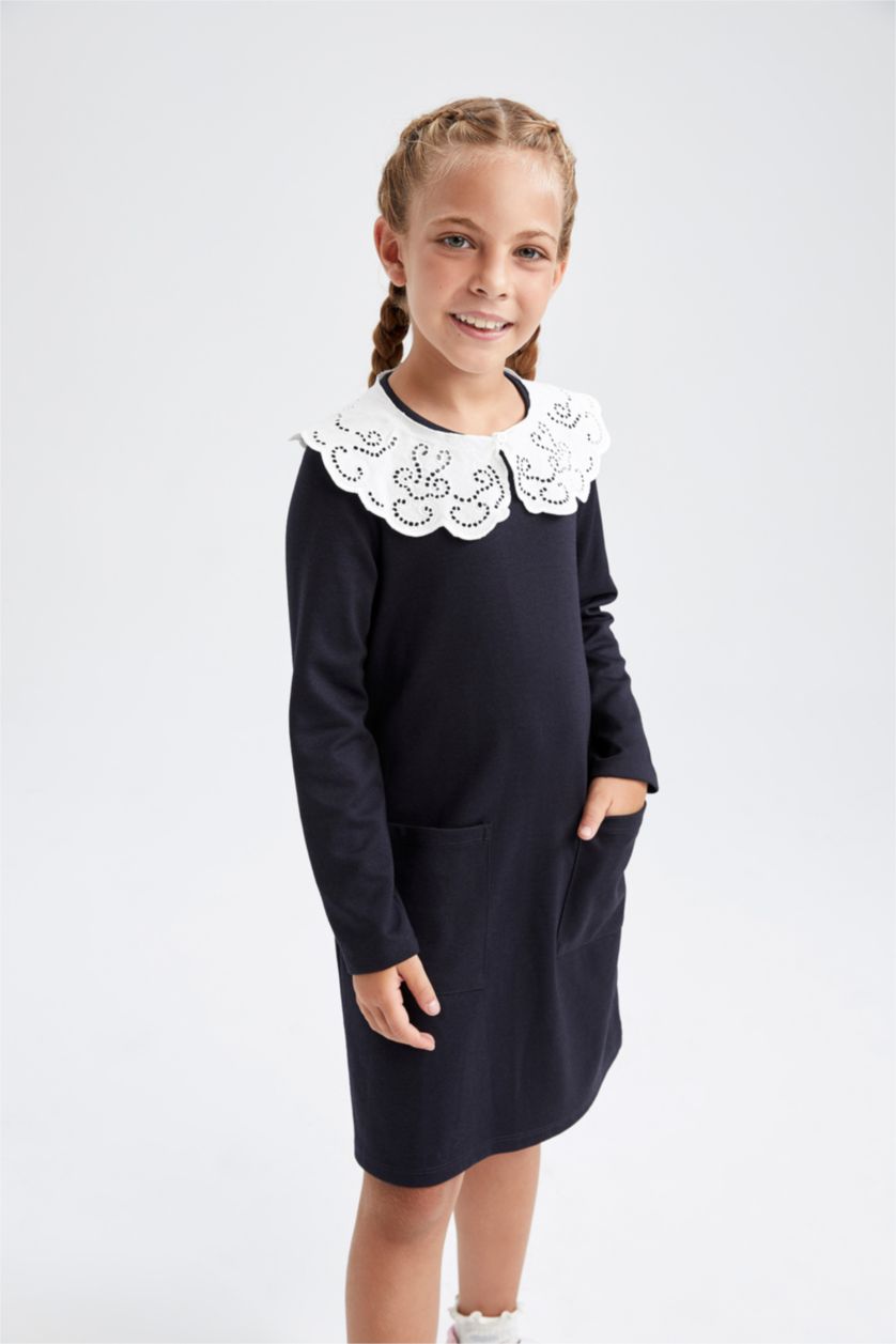 GIRLS & TEENS NAVY Girl's Back To School Wide Lace Collar Long Sleeve Dress