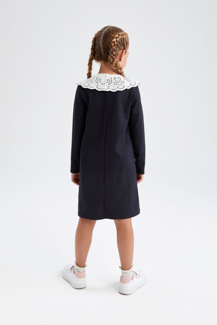 GIRLS & TEENS NAVY Girl's Back To School Wide Lace Collar Long Sleeve Dress