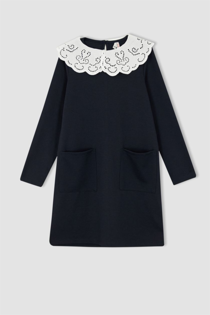 GIRLS & TEENS NAVY Girl's Back To School Wide Lace Collar Long Sleeve Dress