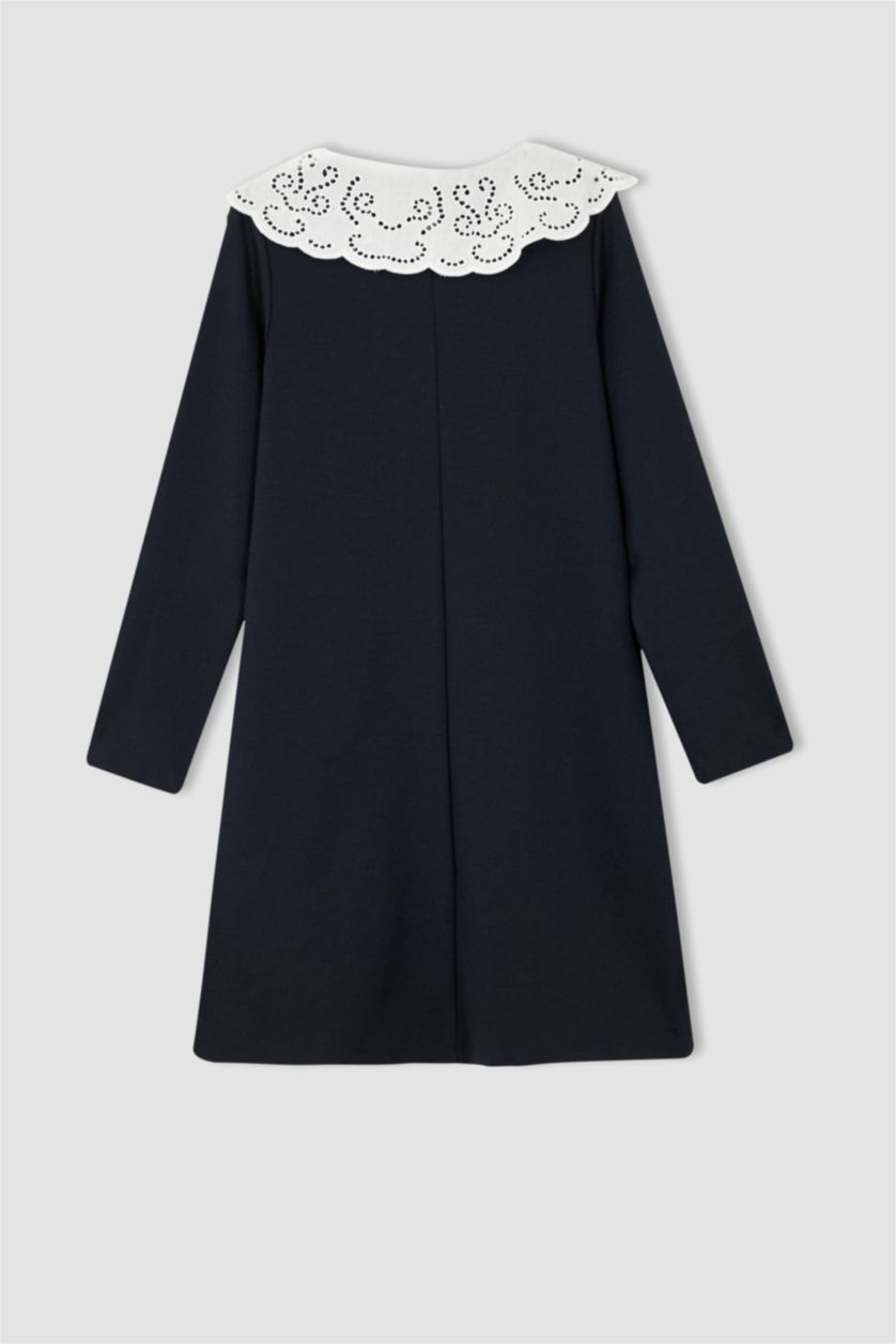 GIRLS & TEENS NAVY Girl's Back To School Wide Lace Collar Long Sleeve Dress