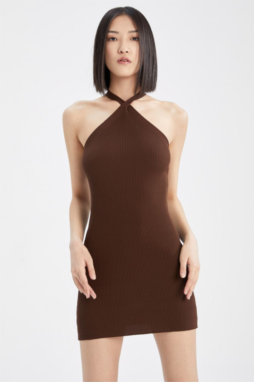 WOMAN Dark Brown Fitted Halter Neck Sleeveless Mini Knit Sweater Dress