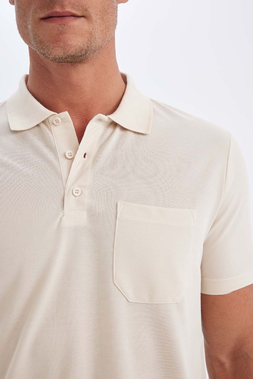 رجال اللون الرملي تيشيرت بولو نص كم بيكة قصة عادية