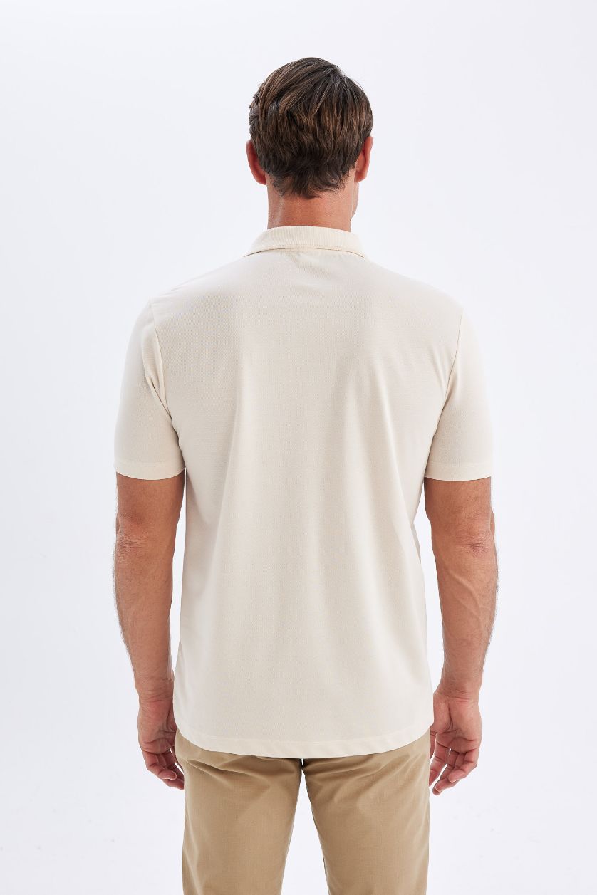 رجال اللون الرملي تيشيرت بولو نص كم بيكة قصة عادية