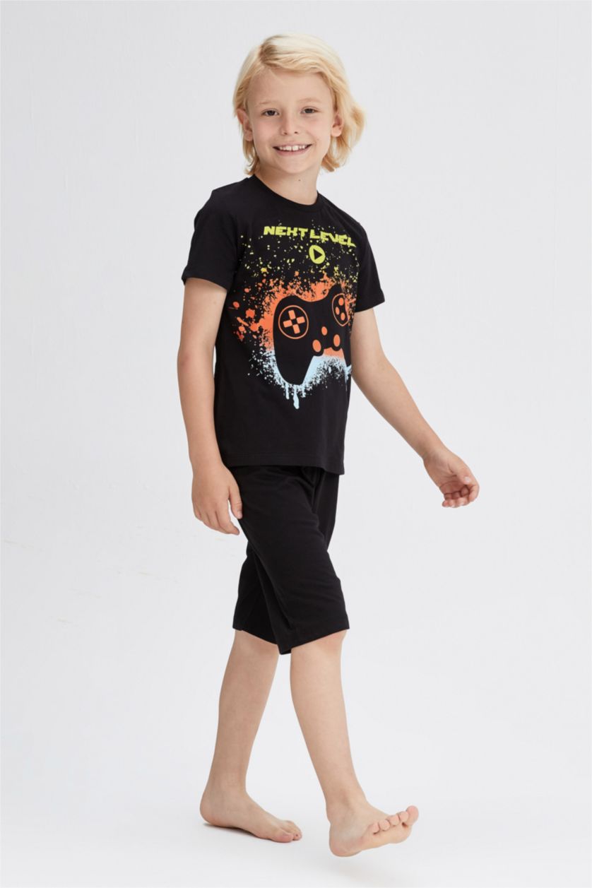 أولادي أسود طقم بيجاما شورت قطن بأكمام قصيرة مطبوع بقصة عادية للأولاد