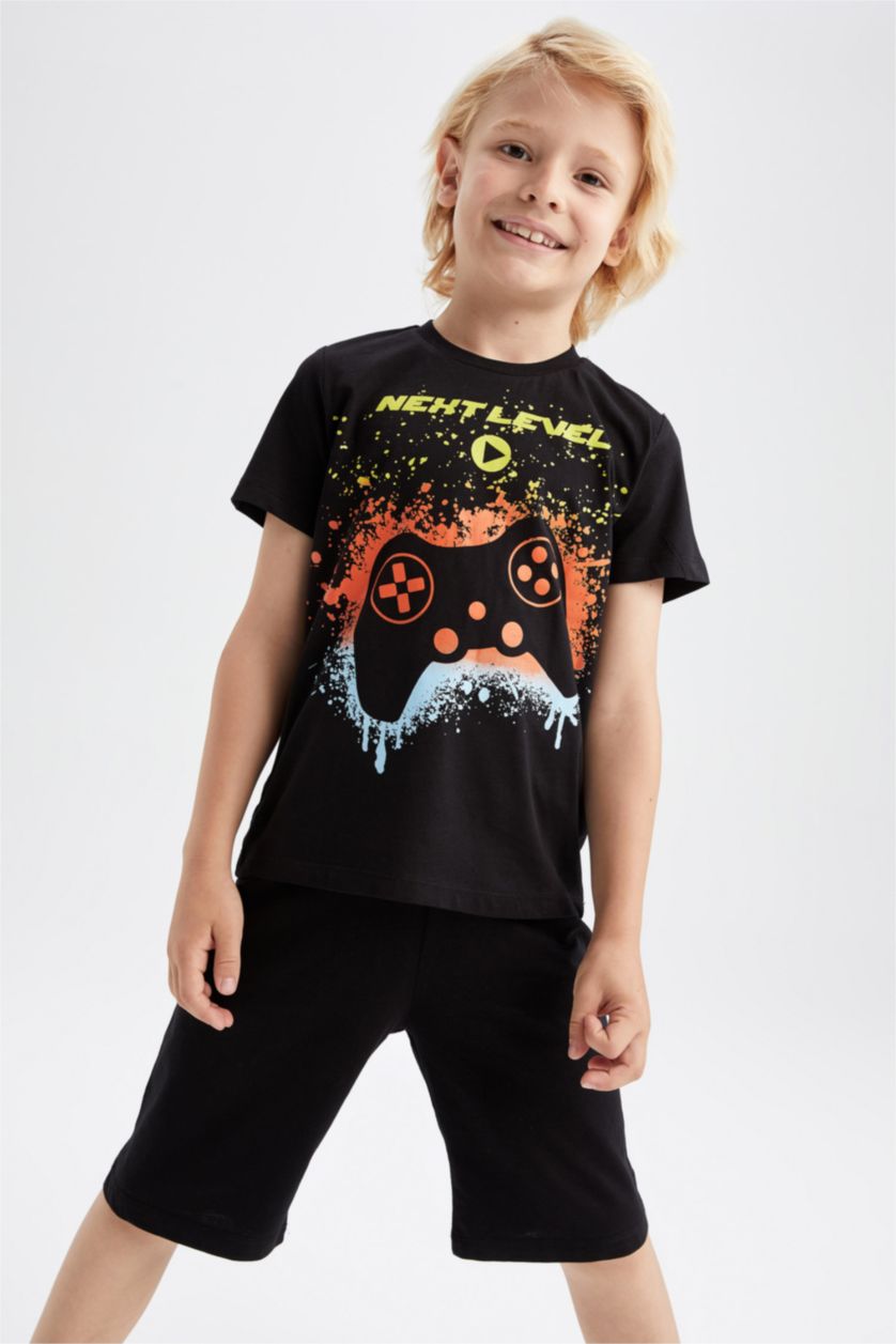 أولادي أسود طقم بيجاما شورت قطن بأكمام قصيرة مطبوع بقصة عادية للأولاد