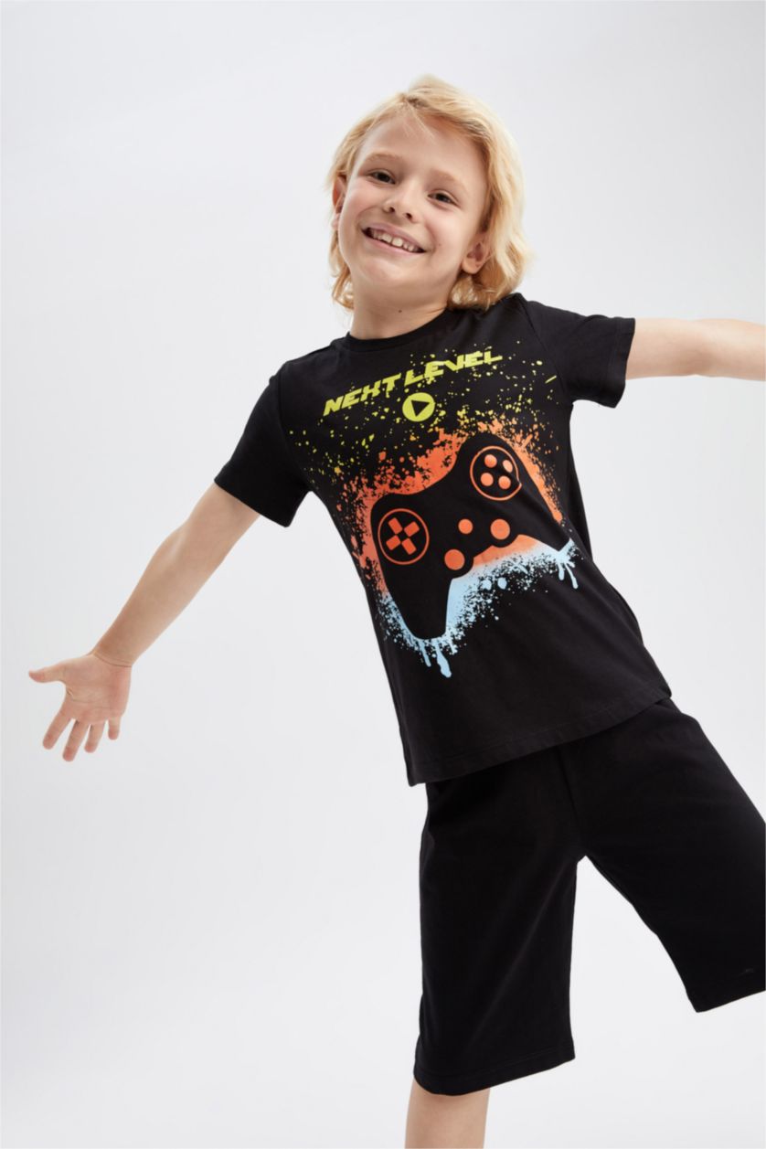 أولادي أسود طقم بيجاما شورت قطن بأكمام قصيرة مطبوع بقصة عادية للأولاد