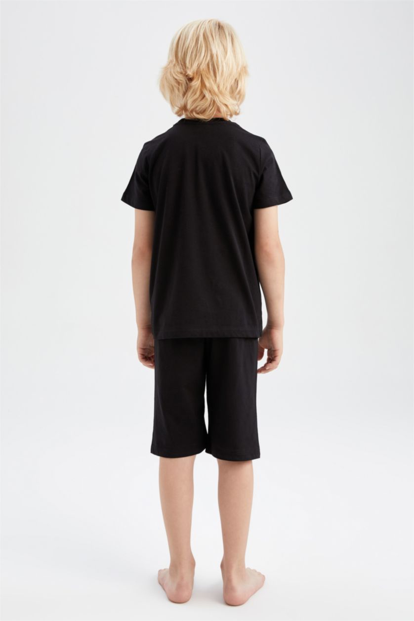 أولادي أسود طقم بيجاما شورت قطن بأكمام قصيرة مطبوع بقصة عادية للأولاد