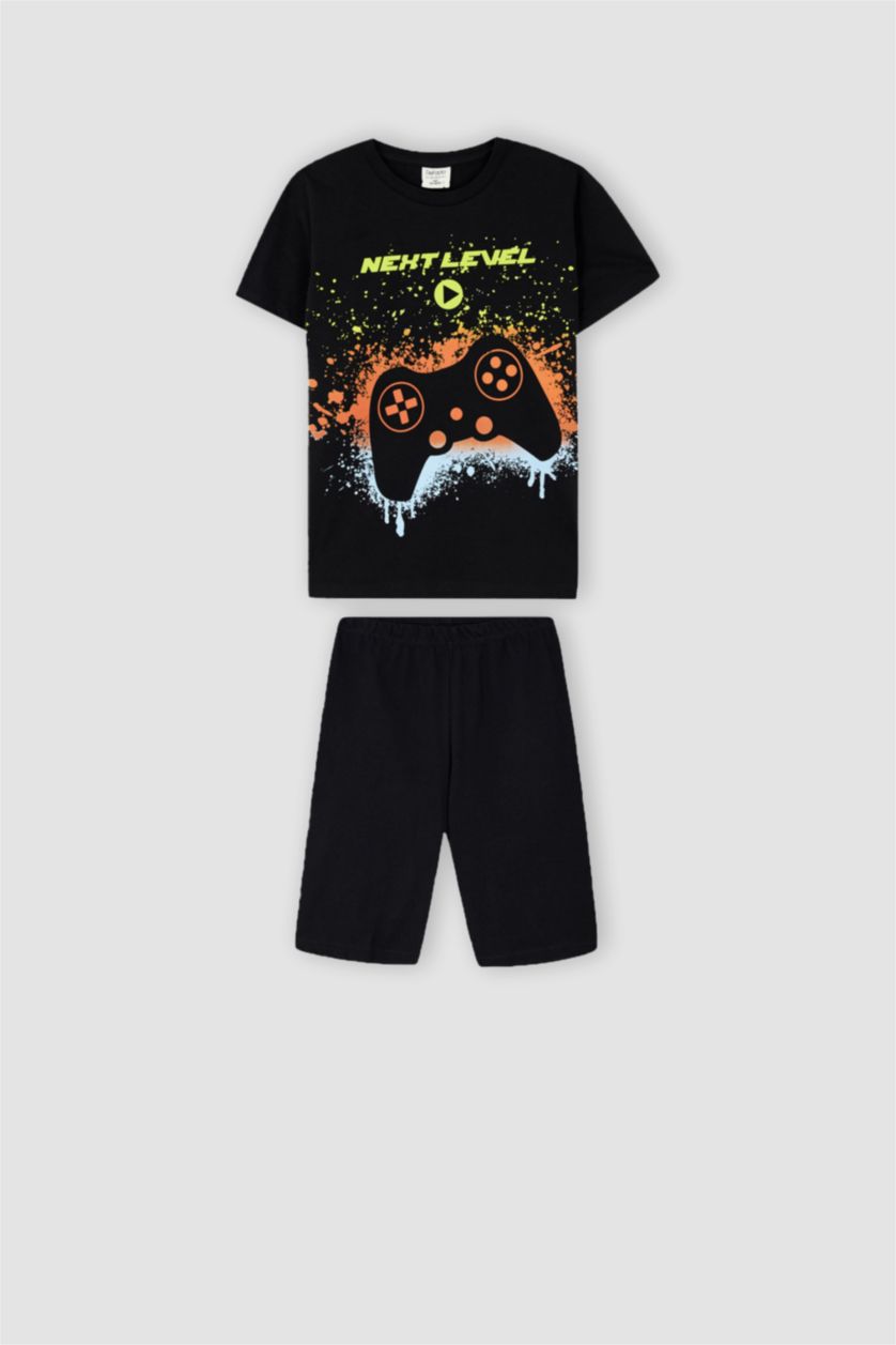 أولادي أسود طقم بيجاما شورت قطن بأكمام قصيرة مطبوع بقصة عادية للأولاد