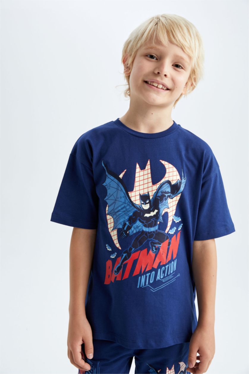 Erkek Çocuk - Genç Erkek Lacivert Erkek Çocuk Batman Oversize Fit Bisiklet Yaka Kısa Kollu Tişört