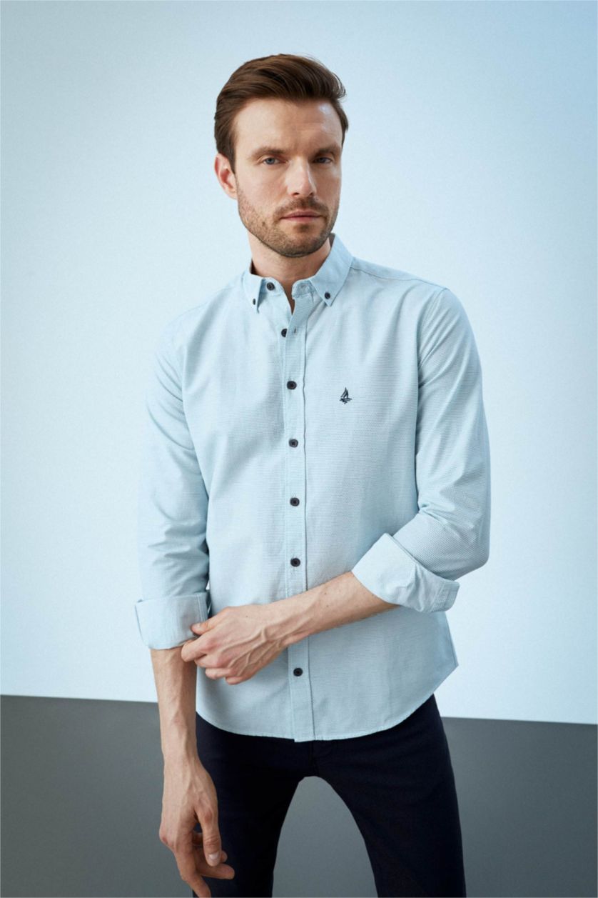HOMME Bleu Chemise à manches longues et col polo coupe slim