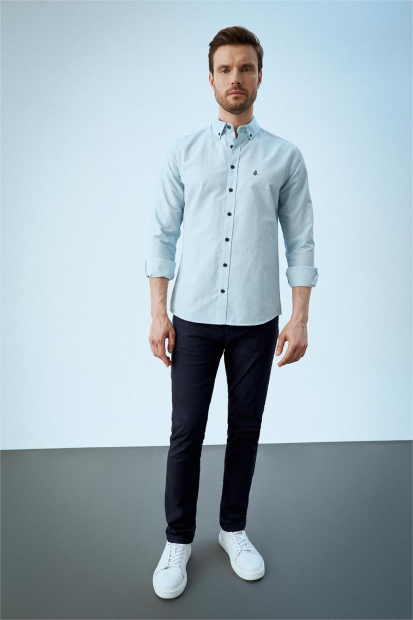 HOMME Bleu Chemise à manches longues et col polo coupe slim