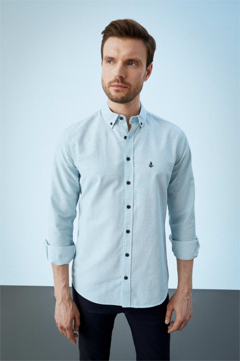 HOMME Bleu Chemise à manches longues et col polo coupe slim