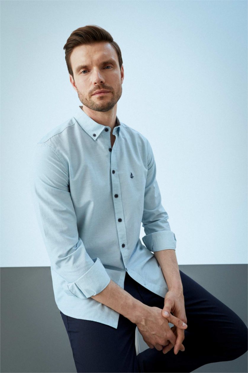 HOMME Bleu Chemise à manches longues et col polo coupe slim