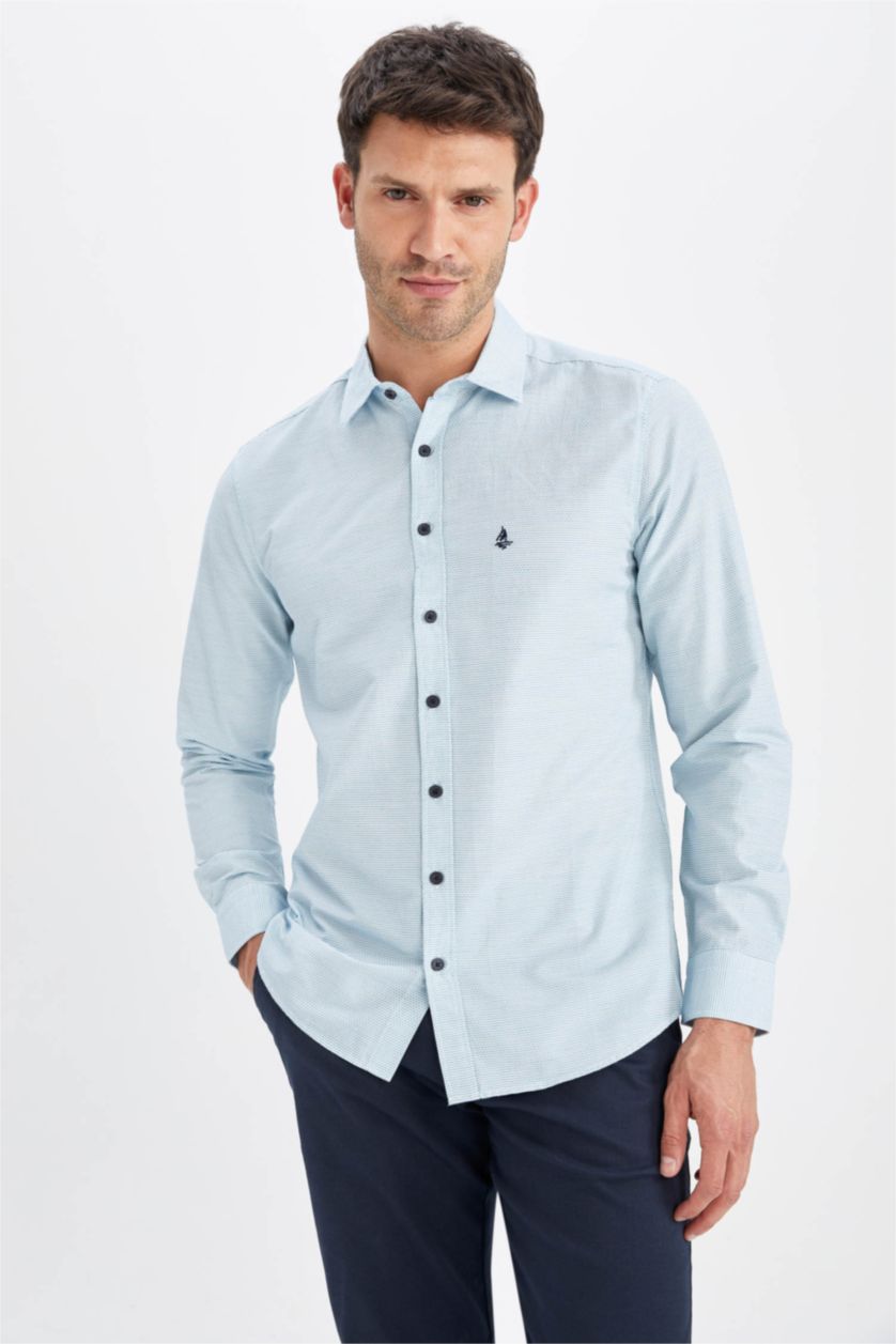 HOMME Bleu Chemise à manches longues et col polo coupe slim