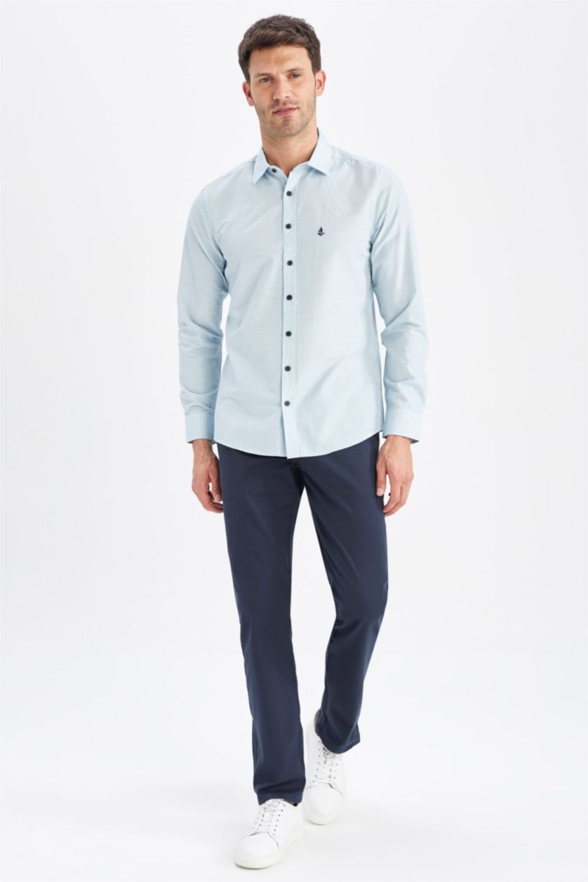 HOMME Bleu Chemise à manches longues et col polo coupe slim