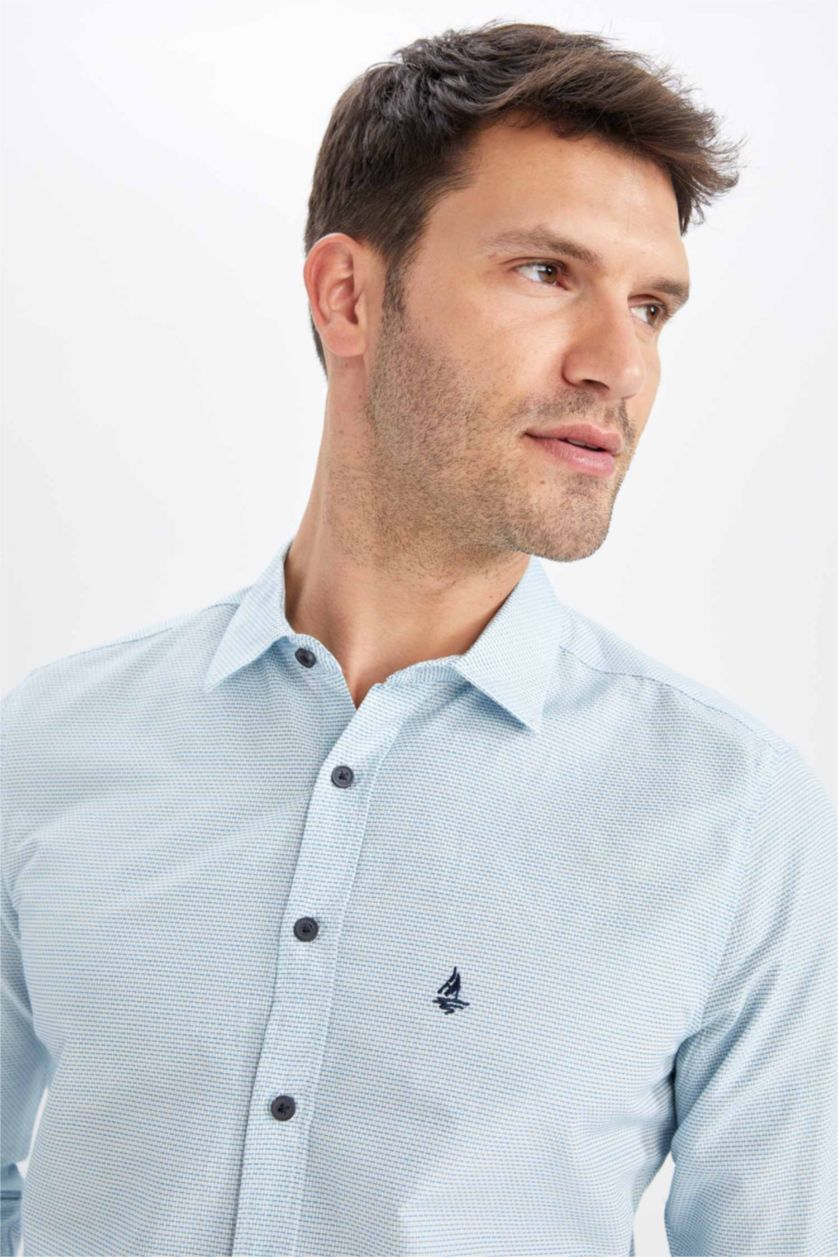 HOMME Bleu Chemise à manches longues et col polo coupe slim