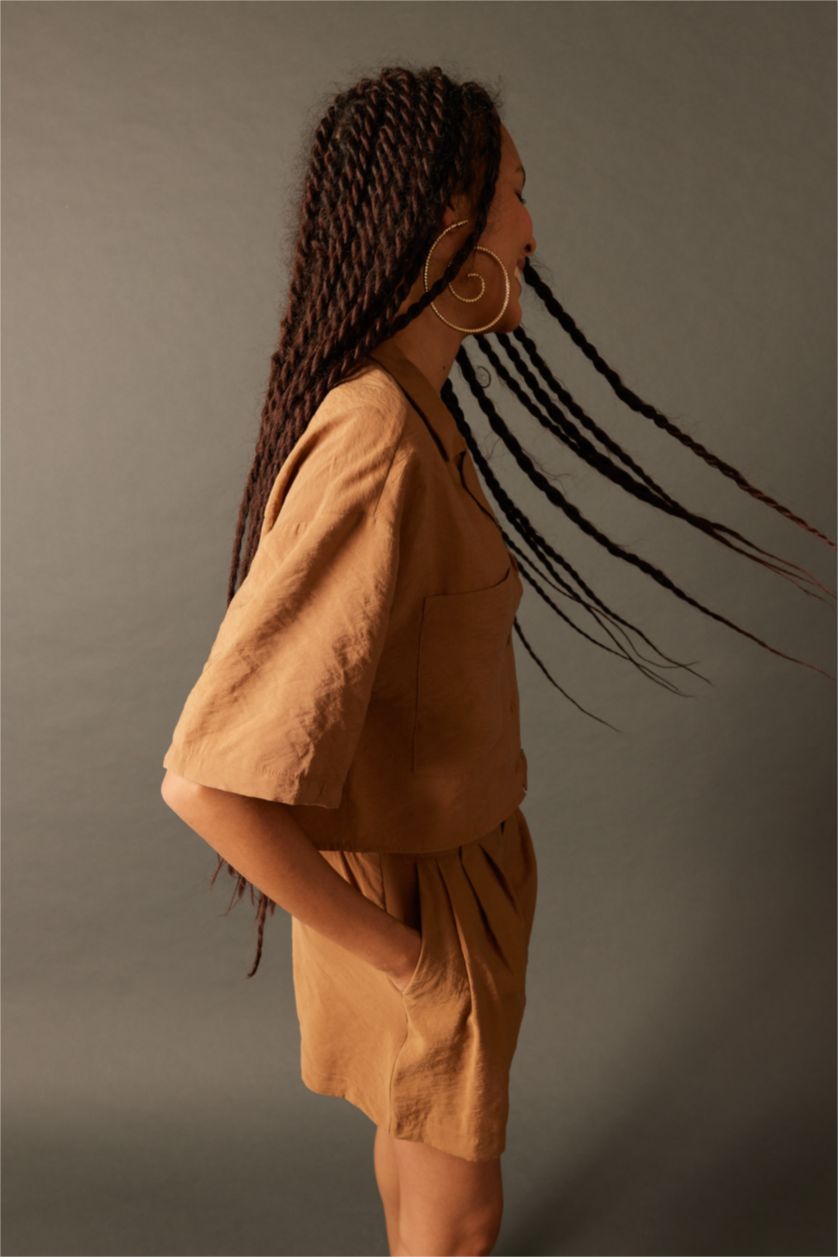 FEMME Marron Chemises à manches courtes Modal Col pyjama Double Poche