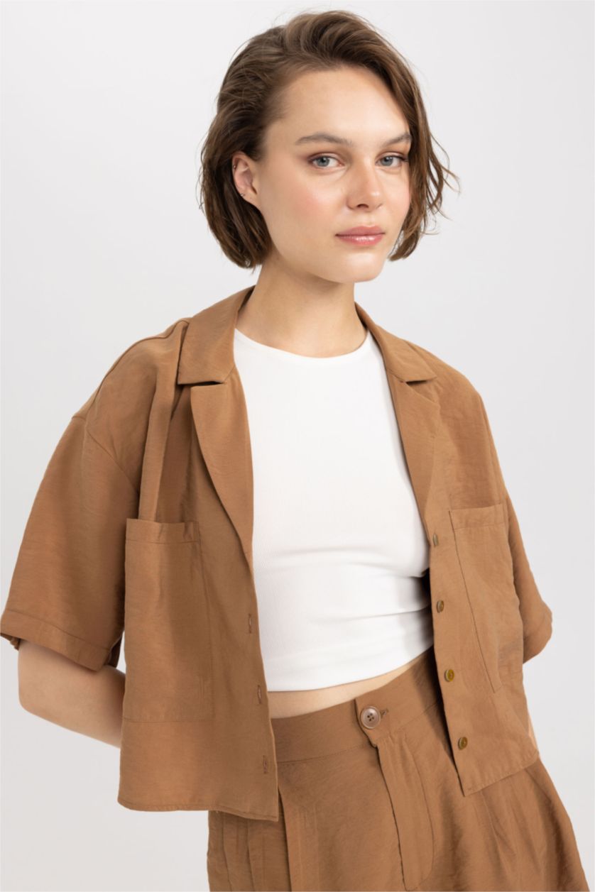 FEMME Marron Chemises à manches courtes Modal Col pyjama Double Poche