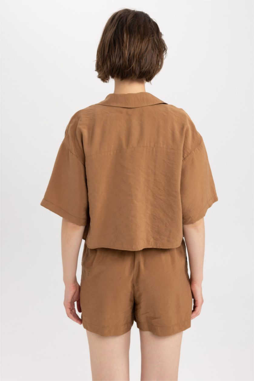 FEMME Marron Chemises à manches courtes Modal Col pyjama Double Poche