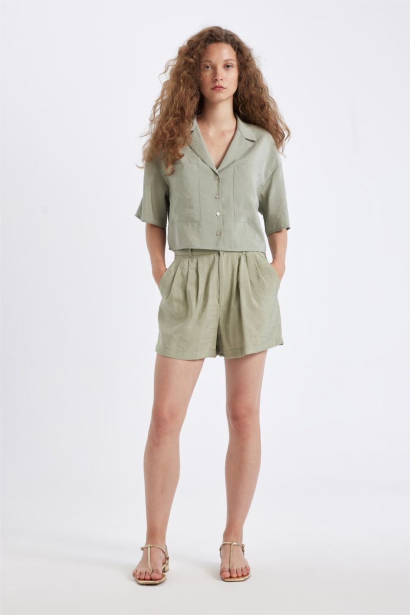 WOMAN Green Oversize Fit Pajama Collar Modal Shirt