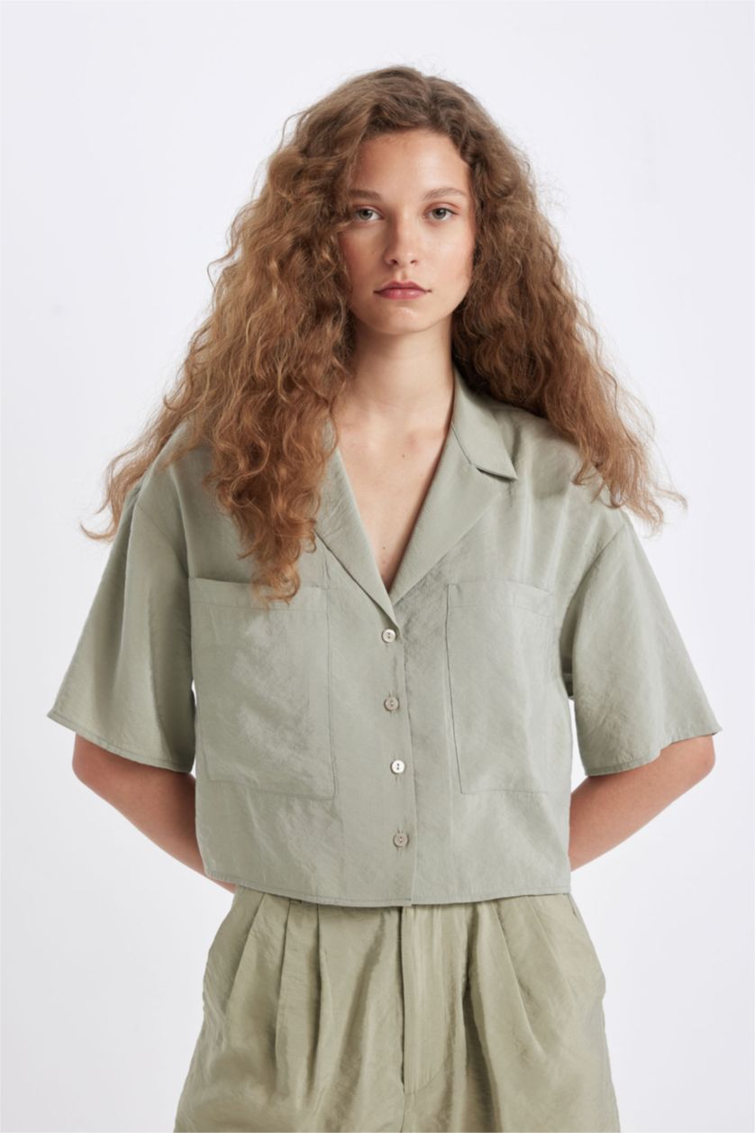 WOMAN Green Oversize Fit Pajama Collar Modal Shirt