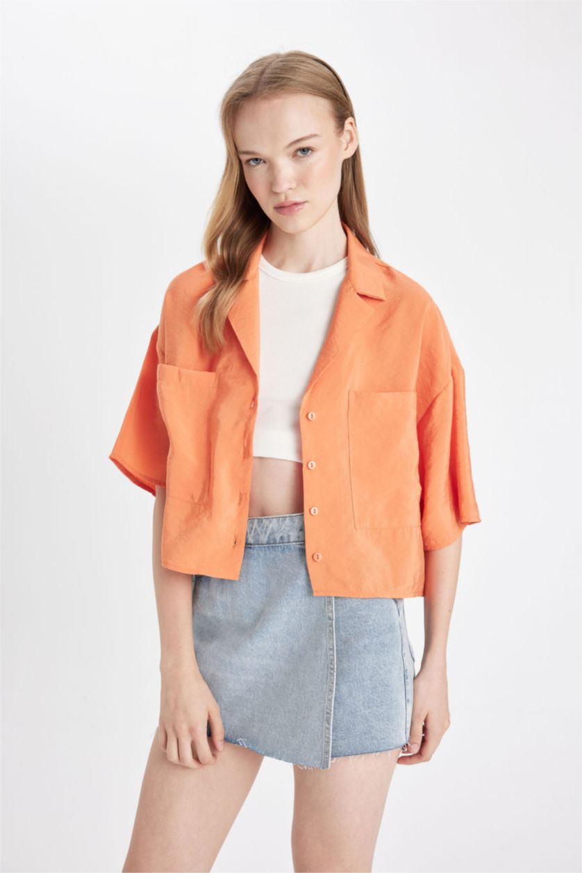 نساء برتقالي قميص واسع نص كم منسوج برقبة بيجاما