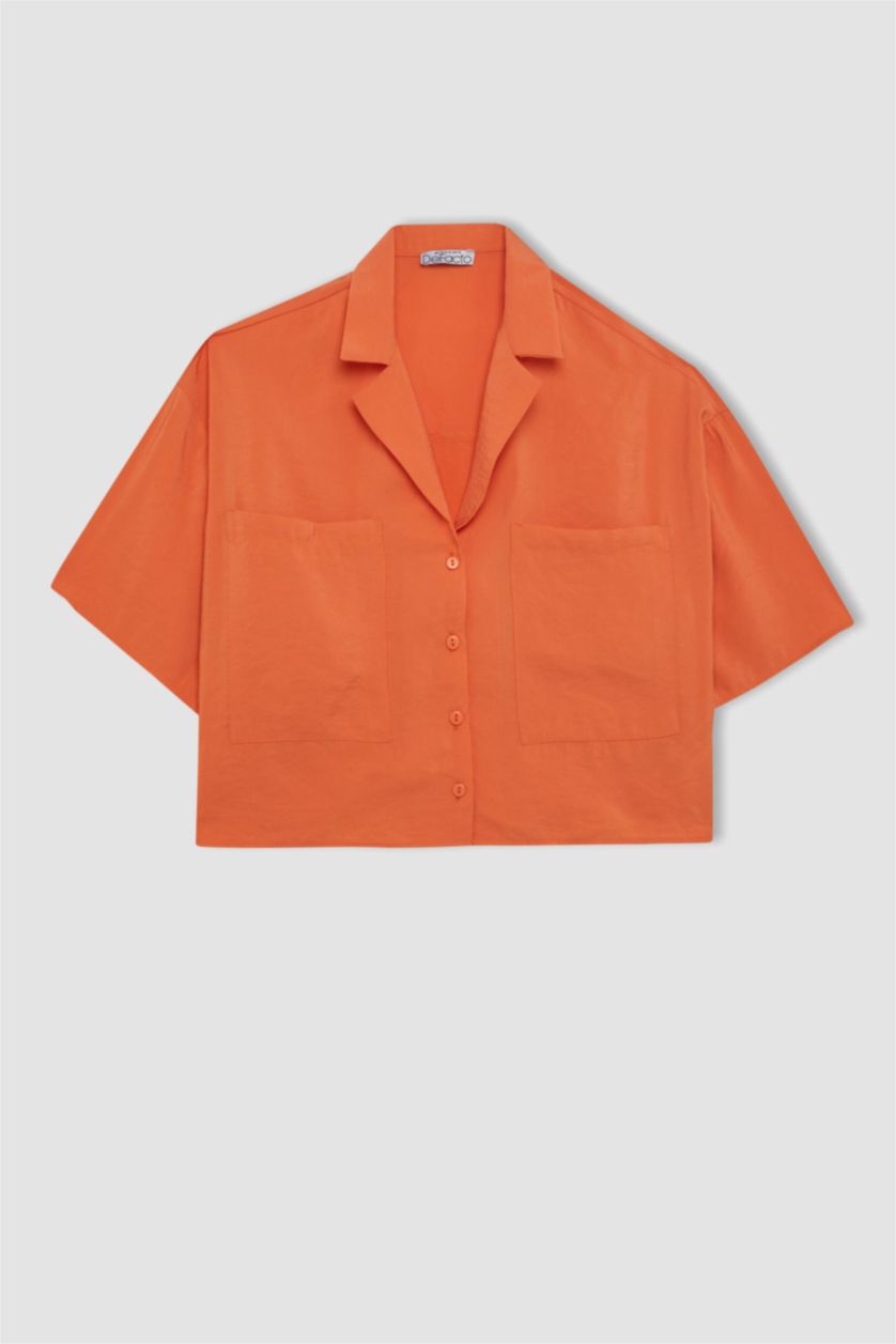 نساء برتقالي قميص واسع نص كم منسوج برقبة بيجاما