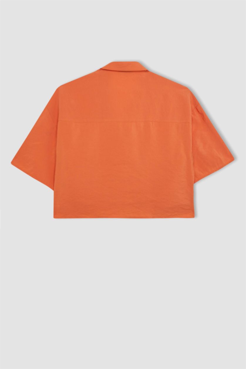 نساء برتقالي قميص واسع نص كم منسوج برقبة بيجاما