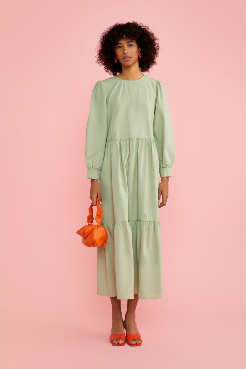 WOMAN Light Green Regular Fit Long Sleeve Maxi Poplin Dress