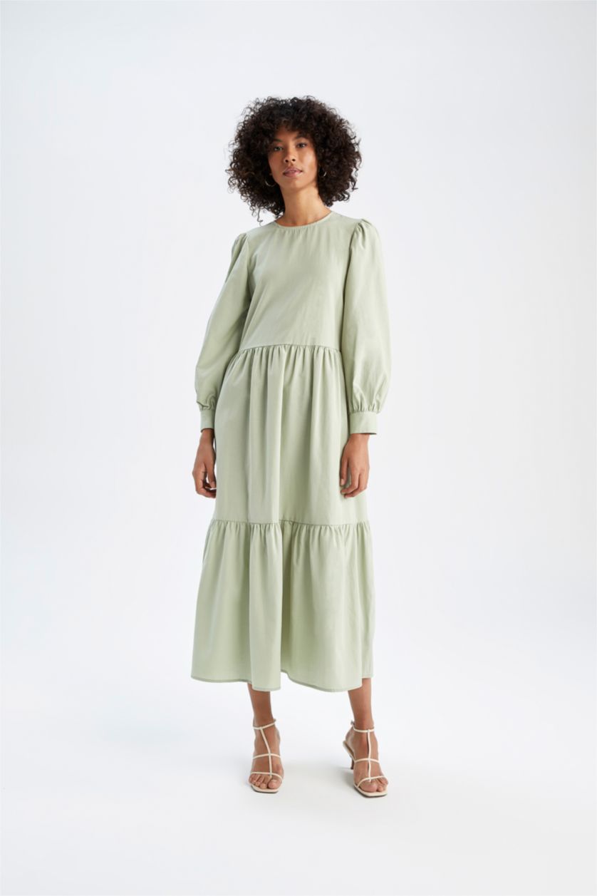 WOMAN Light Green Regular Fit Long Sleeve Maxi Poplin Dress