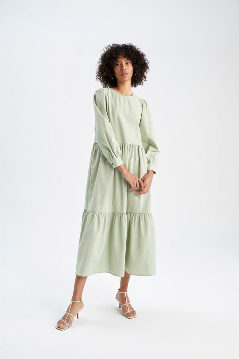 WOMAN Light Green Regular Fit Long Sleeve Maxi Poplin Dress