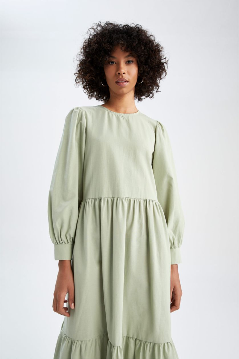 WOMAN Light Green Regular Fit Long Sleeve Maxi Poplin Dress