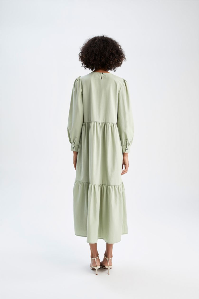 WOMAN Light Green Regular Fit Long Sleeve Maxi Poplin Dress